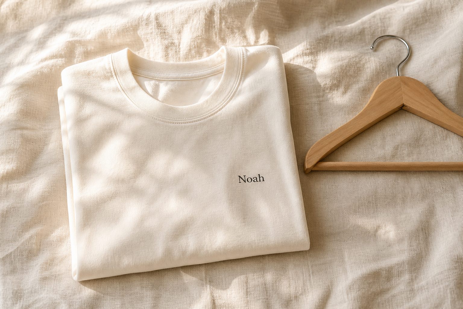 A personalized name t-shirt folded on a warm linen background