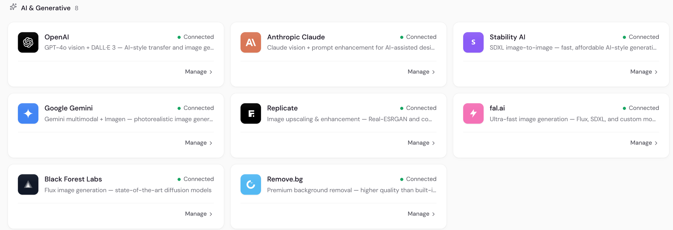 Integrations screen showing a connected AI provider account with this month's usage and estimated cost