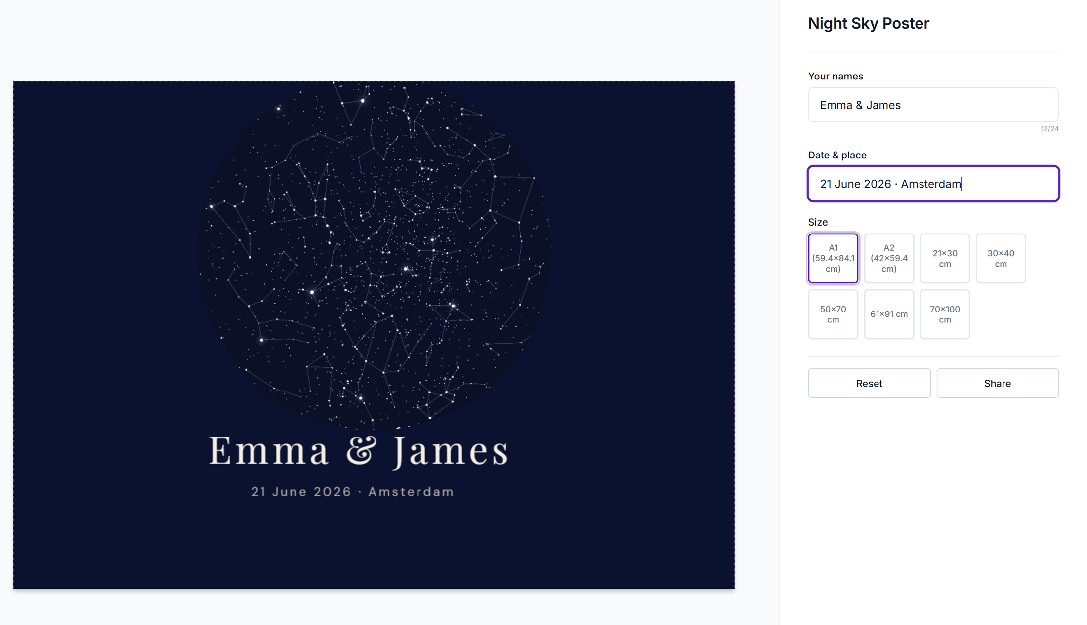 Star map personalization: the night sky drawn from a chosen date and place