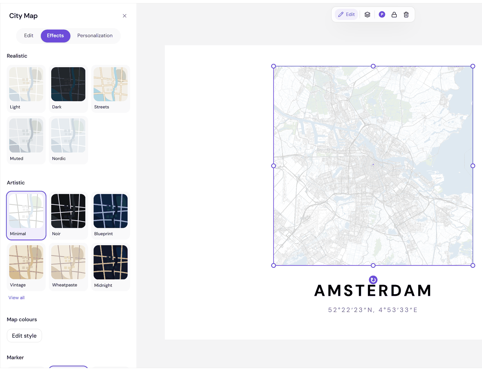 The map style picker on a city map product: the same Amsterdam map previewed in different styles