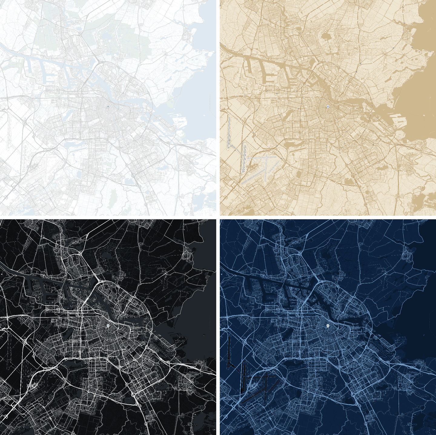 The same city in four of the map styles: Minimal, Vintage, Noir and Blueprint