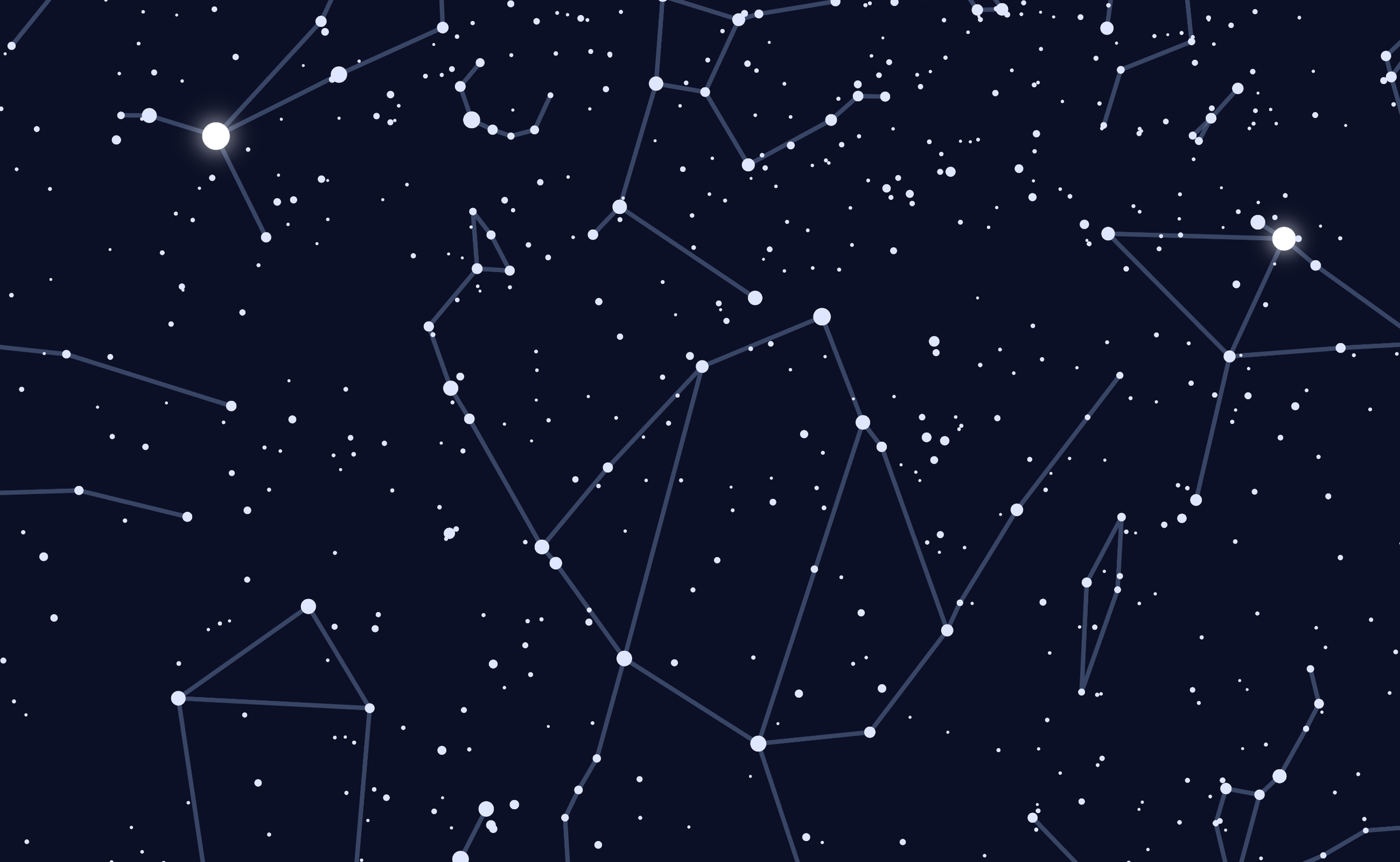 Close-up of a computed star chart with constellation lines and stars at their true brightness