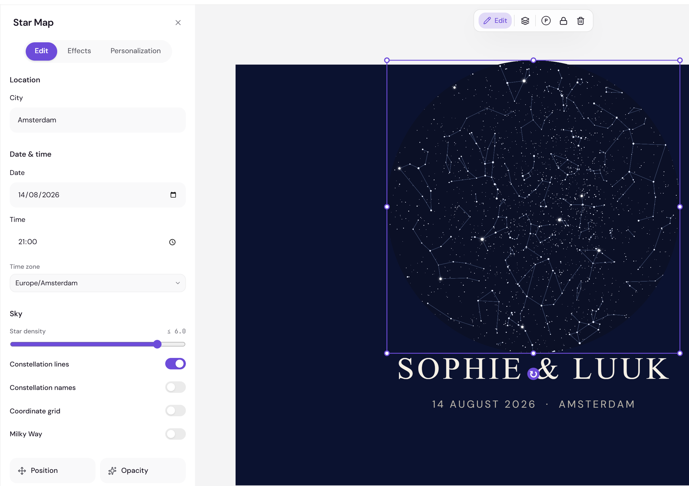 Detail crop of the star map fields: place and date inputs above a live chart preview