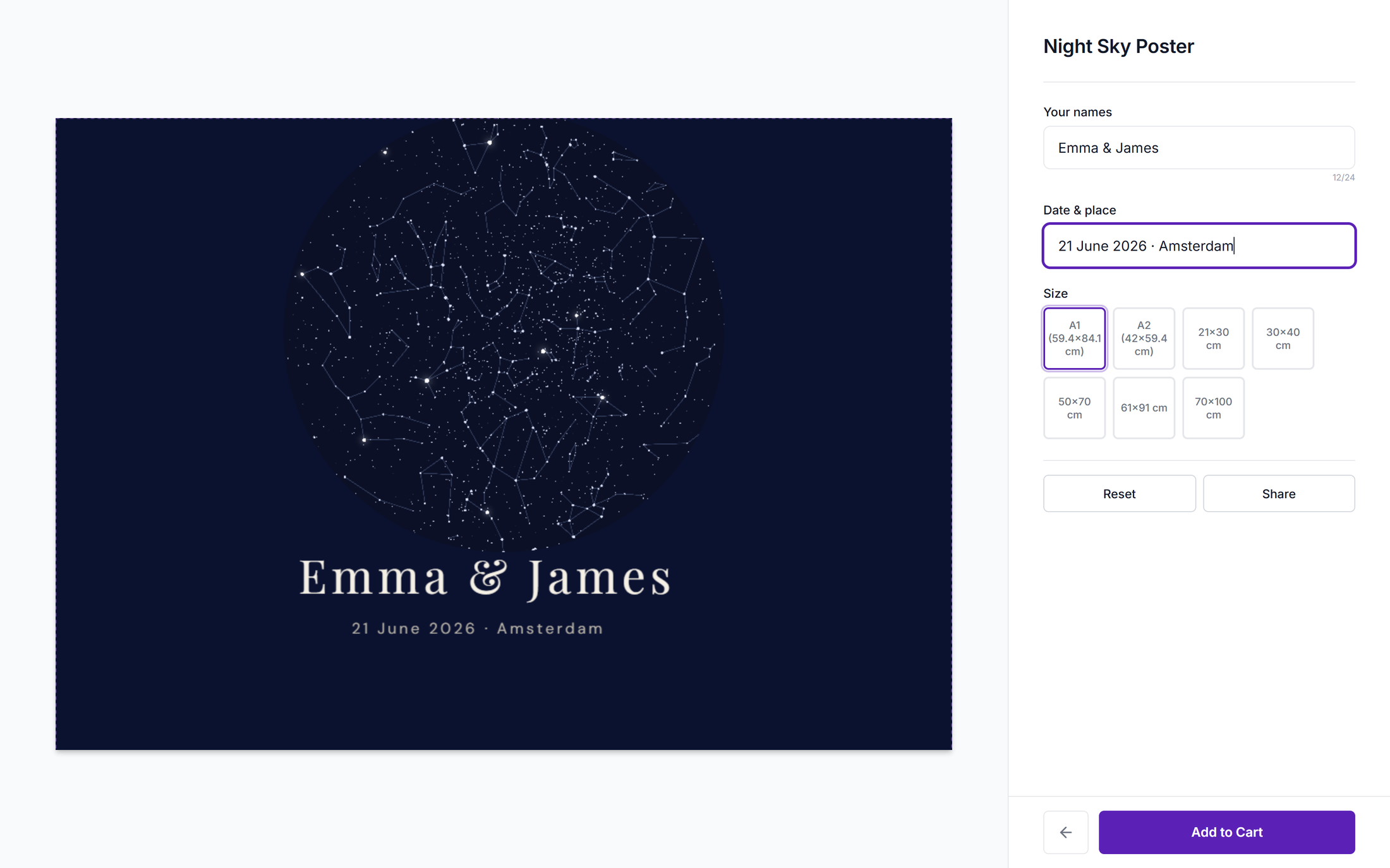 A star map product page with the customizer open: date and place filled in, the poster preview showing that night's sky