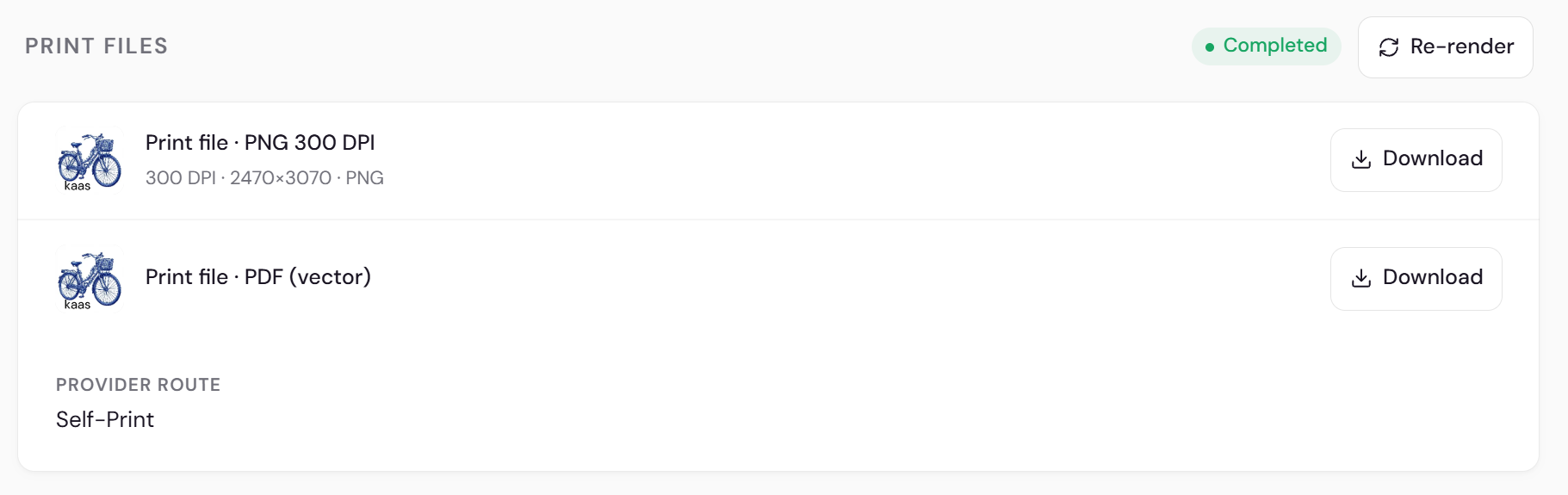 An order in the Composerie dashboard with the print file attached beside the chosen date and place